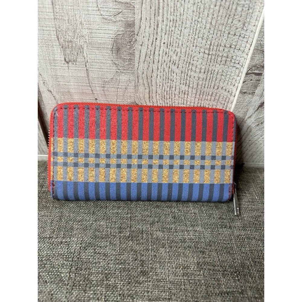 Maurices Womens Blue Red Gray Striped Cork Zip Around Envelope Wallet Organizer